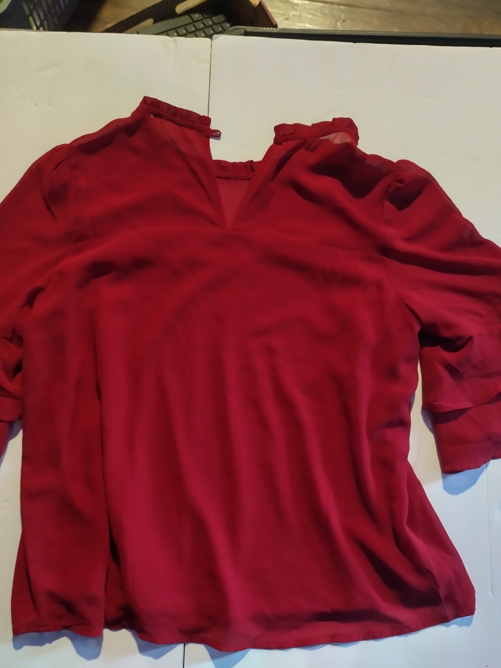 Monteau chiffon blouse featuring tiered ruffles on 3/4 bell sleeves size Medium